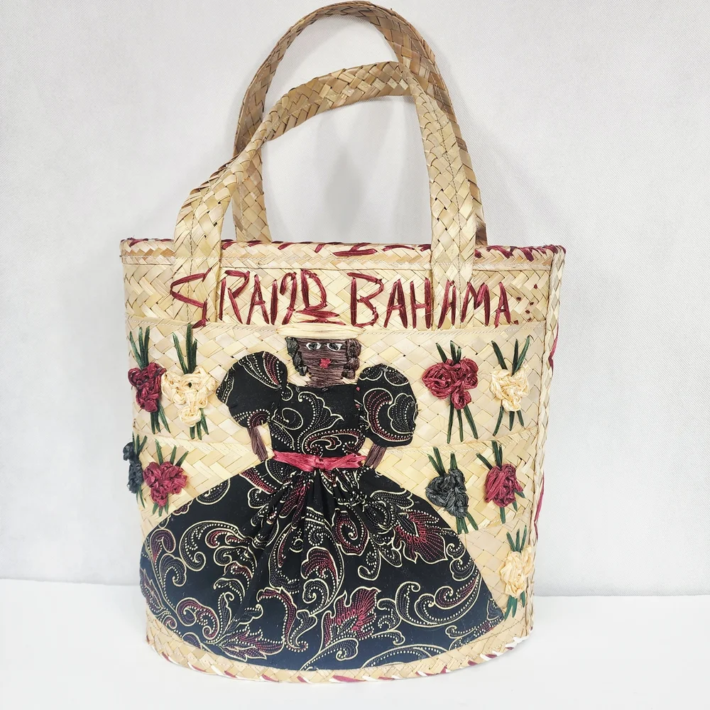 Vintage Handmade Bahamas Raffia Straw Tote Bag